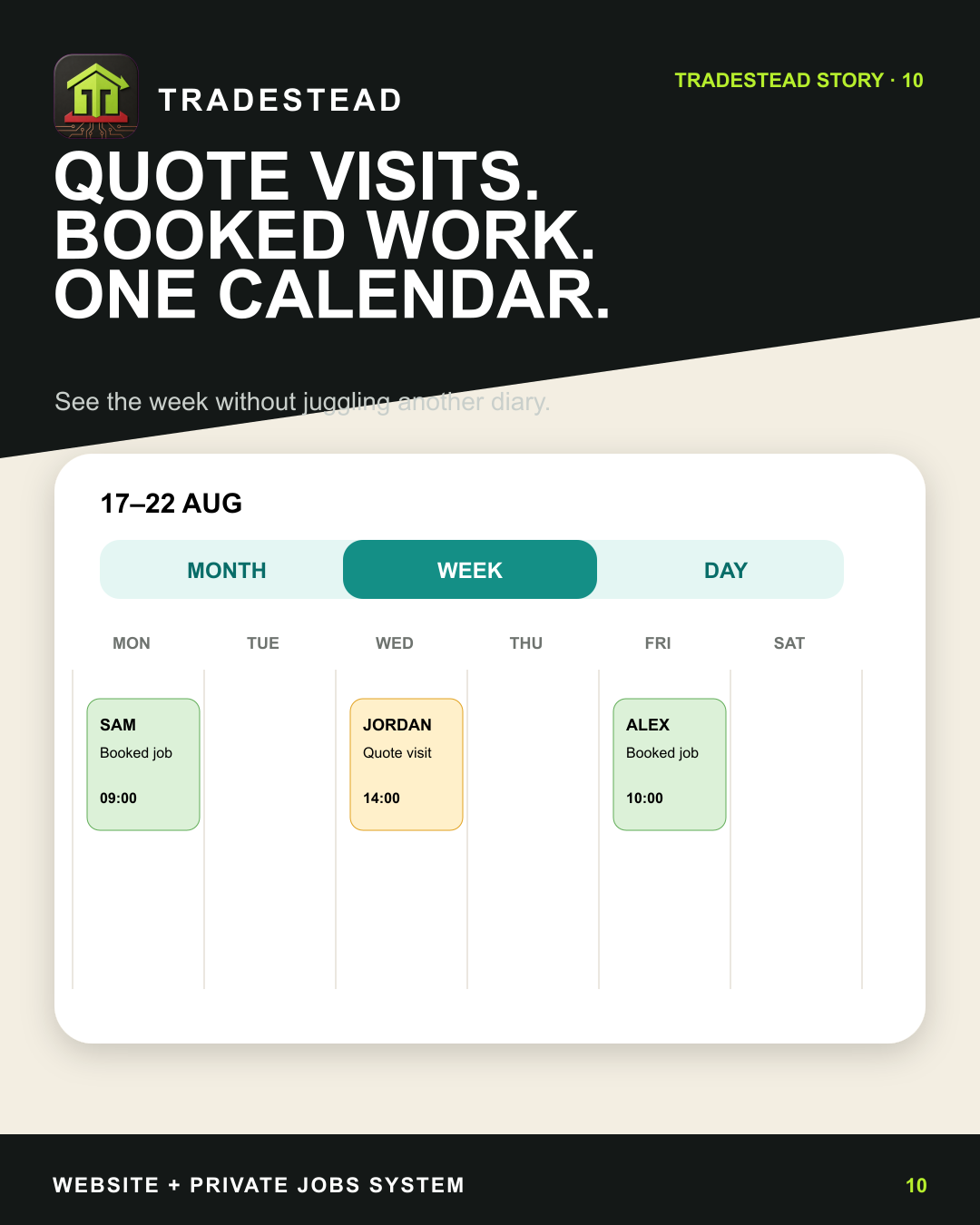 Illustrated TradeStead week calendar with quote visits and booked trade jobs.