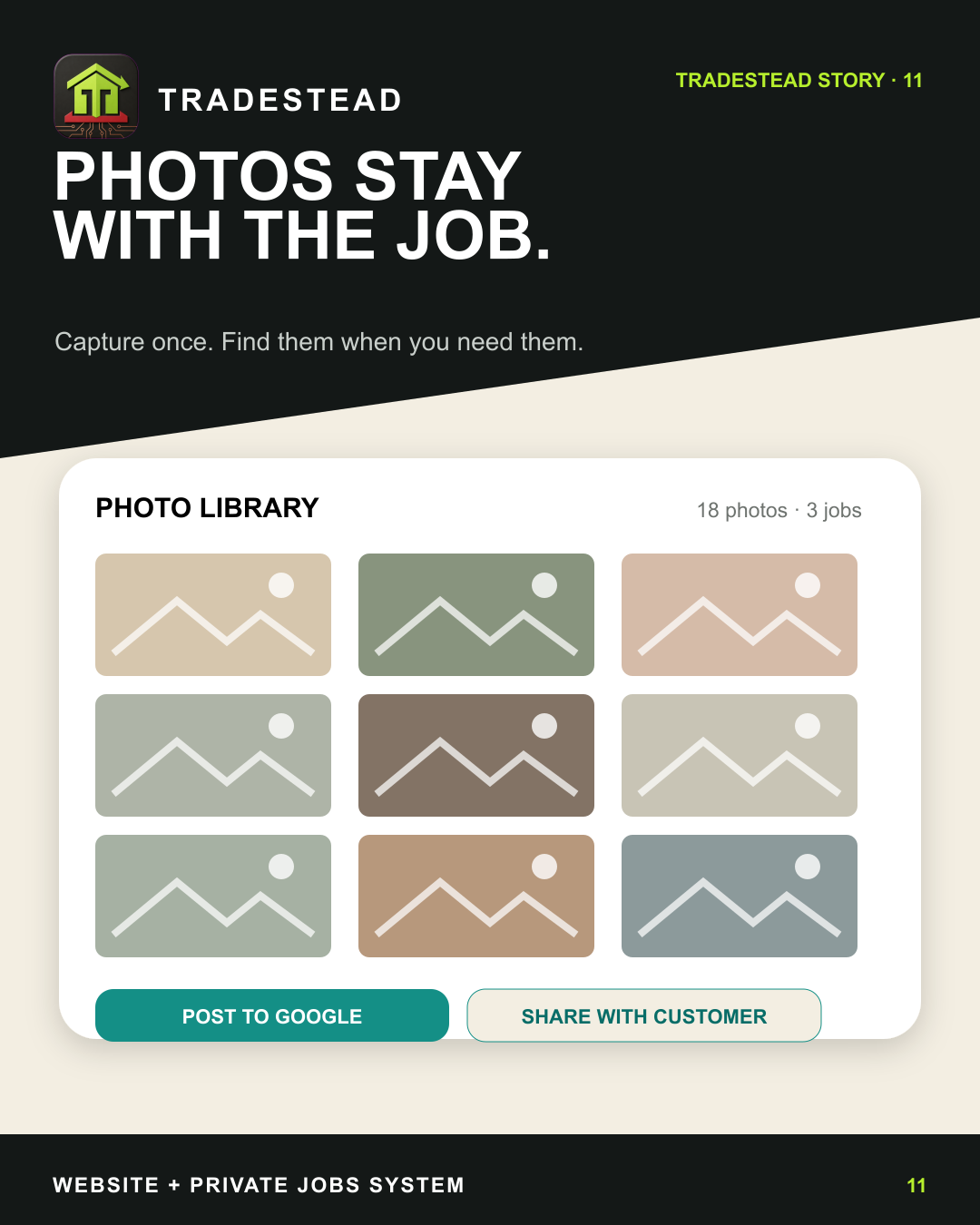 Illustrated private job photo library connected to TradeStead customer records.