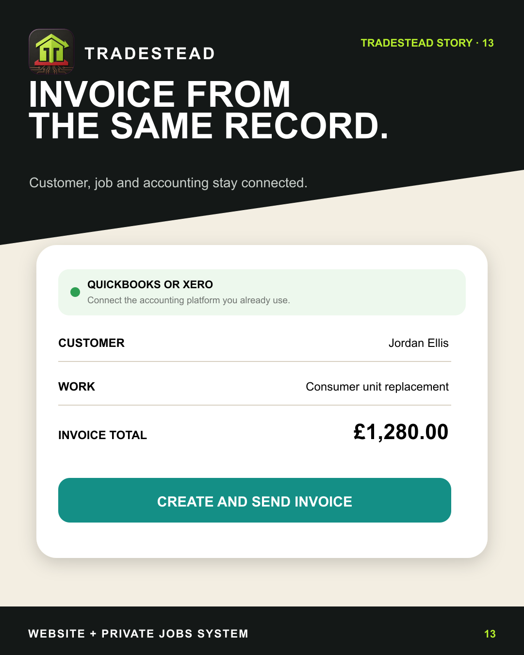 Illustrated TradeStead invoice prepared from an existing customer and completed job record.