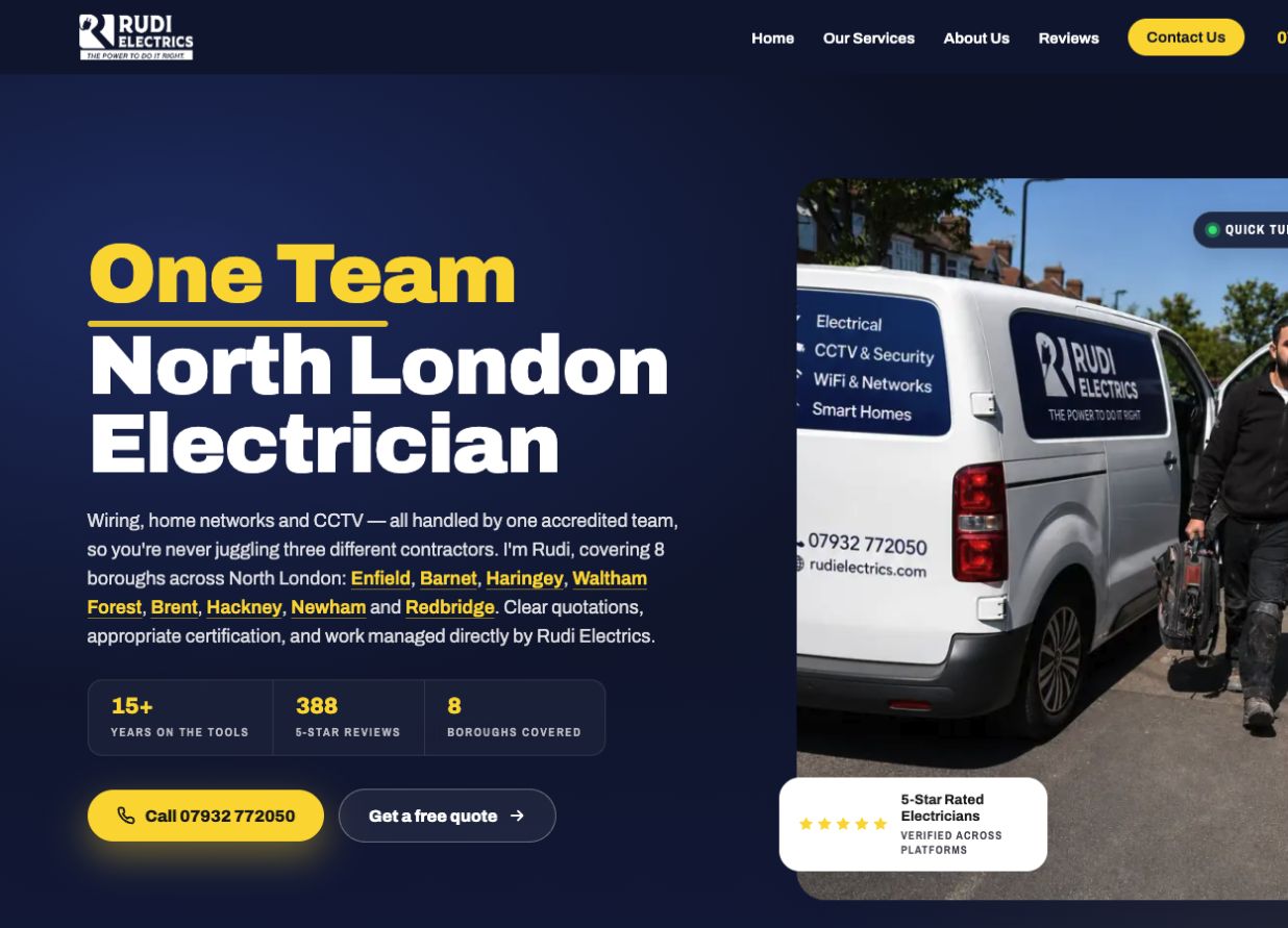 The live Rudi Electrics homepage, showing Rudi beside his branded van, the North London electrician offer, verified review proof and direct call and quote actions.