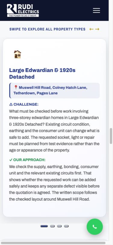 Live mobile property guidance card for Edwardian and 1920s detached homes in Muswell Hill, presented in a swipeable section.