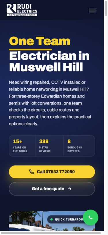 Live mobile Rudi Electrics page answering a search for an electrician in Muswell Hill with specific local copy and prominent contact actions.